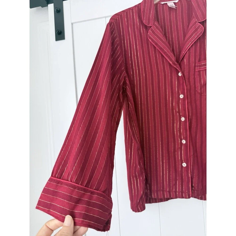 Victoria's Secret Pajama Set Sz M Red Gold Metallic Shimmer Stripe Cotton Modal